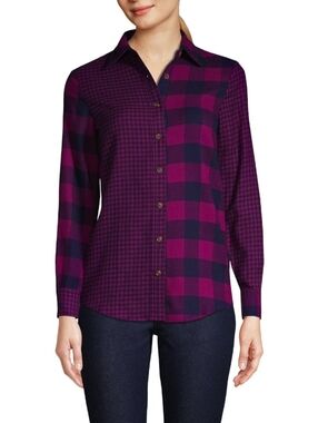 Lands' End Women's Flannel Boyfriend Fit Long Sleeve Purple Navy Shirt (XL)